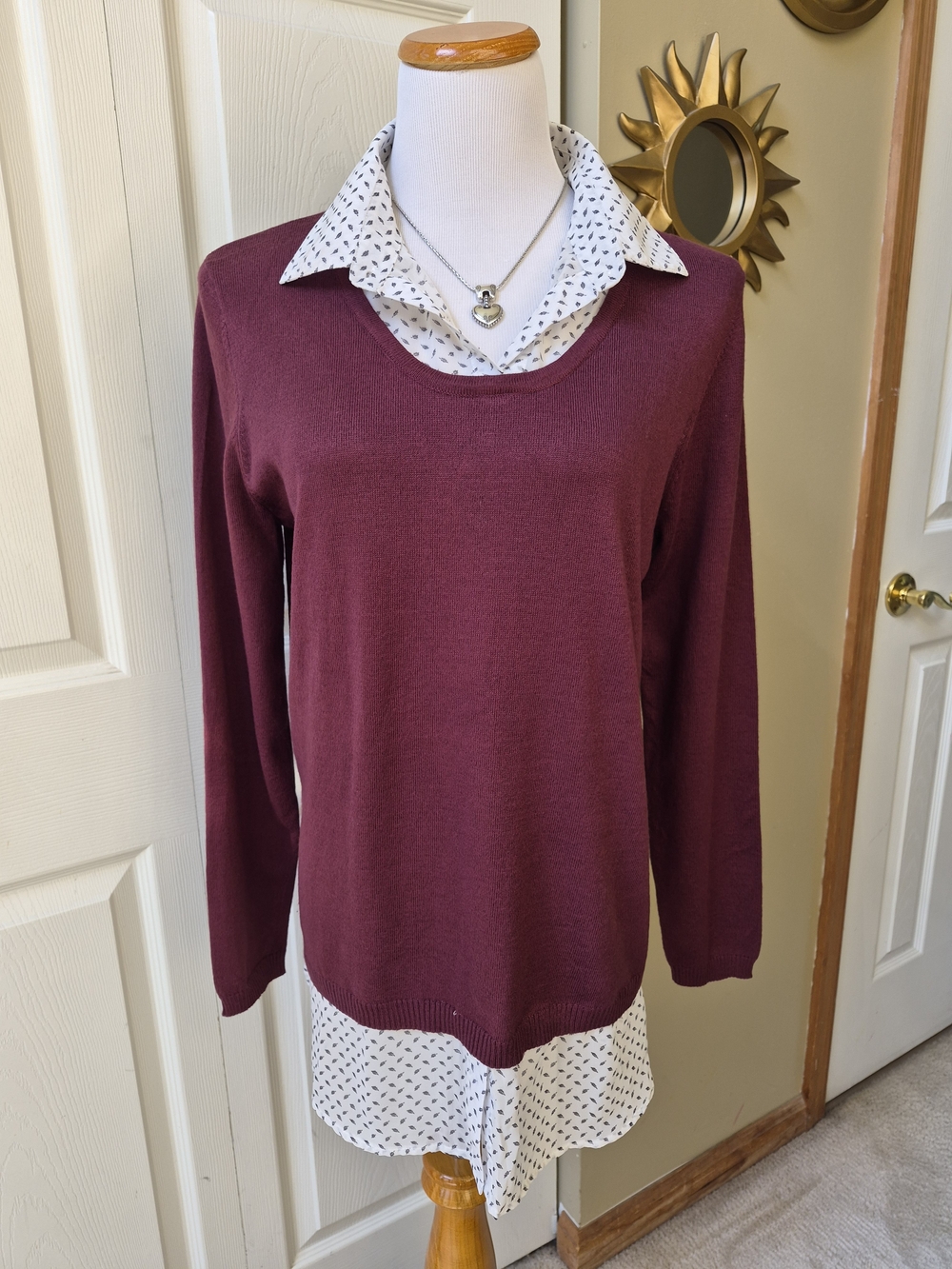 dressbarn Burgundy Layered-Look Sweater with Printed Shirt Detail